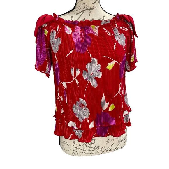 NEW Banana Republic Women's Blouse Red Satin Floral Bow Off-the-Shoulder Top XS - Picture 4 of 10